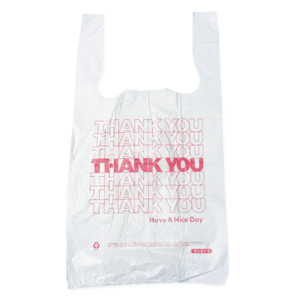 Barnes Paper Company Plastic Thank-You T-Sack, Thank You - Have a Nice Day Labeling, Cut-Out Handles, 4" x 6" x 15", White/Red, 2,000/Carton Product Image 