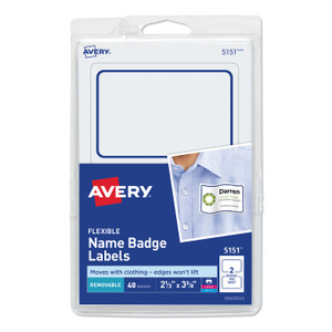 Avery Flexible Adhesive Name Badge Labels, 3.38 x 2.33, White/Blue Border, 40/Pack Product Image 