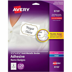 Avery Self-Adhesive Removable Name Tag Labels with Gold Metallic Border - 2.3" Width x 3.4" Height - 2.33" Holding Width x 3.38" Holding Height - Rectangular Shape - Flexible, Self-adhesive, Removable, Printable, PVC-free, Durable - Meeting Product Image 