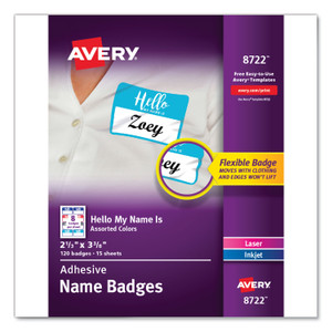 Avery Flexible Adhesive Name Badge Labels, "Hello", 3 3/8 x 2 1/3, Assorted, 120/PK Product Image 