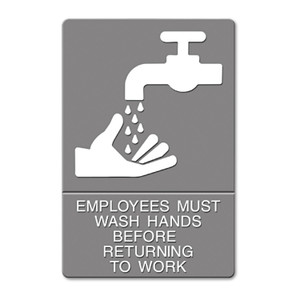 Headline Sign ADA Sign, EMPLOYEES MUST WASH HANDS... Tactile Symbol/Braille, 6 x 9, Gray Product Image 