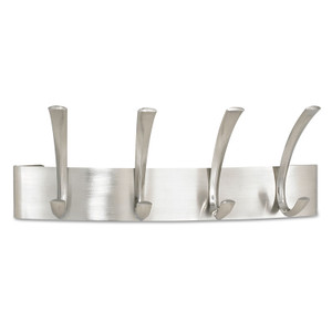 Safco Metal Coat Rack, Wall Rack, Four Hooks, Steel, 14.25w x 4.5d x 5.25h, Brushed Nickel Product Image 