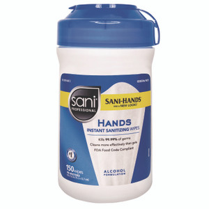 Sani Professional Hands Instant Sanitizing Wipes, 6 x 5, Unscented, White, 150/Canister, 12 Canisters/Carton Product Image 