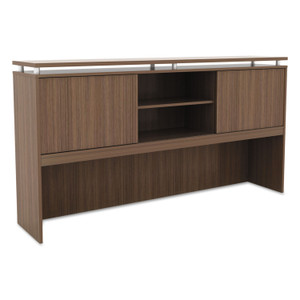 Alera Sedina Series Hutch with Sliding Doors, 72w x 15d x 42.5h, Modern Walnut Product Image 