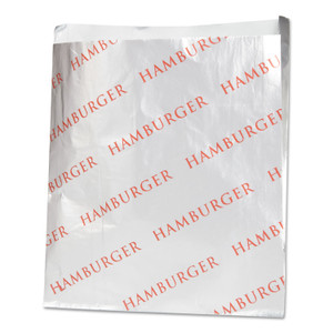 Bagcraft Foil Single-Serve Bags, Hamburger Labeling, 6" x 0.75" x 6.5", Silver/Red, 1,000/Carton Product Image 
