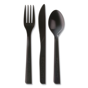Eco-Products 100% Recycled Content Cutlery Kit, Heavyweight Fork/Knife/Soup Spoon/Spoon, Plastic, Black, 250/Carton Product Image 