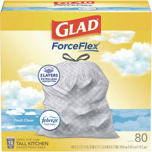 Glad ForceFlex Kitchen Drawstring Trash Bags, 13 gal, Gain Fresh Clean Scent, 24 x 27.38, White, 80/Box Product Image 