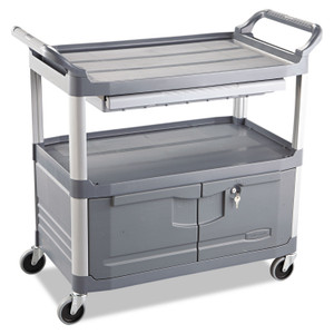 Rubbermaid Commercial Xtra Instrument Cart with Locking Storage Area, Plastic, 3 Shelves, 300 lb Capacity, 20" x 40.63" x 37.8", Gray Product Image 