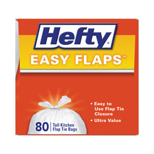 Hefty Easy Flaps Trash Bags, Tie-Flap, 13 gal, 23.75" x 28", White, 80 Bags/Box, 3 Boxes/Carton Product Image 