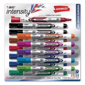 BIC Intensity Advanced Dry Erase Marker, Pocket-Style, Medium Bullet Tip, Assorted Colors, Dozen Product Image 