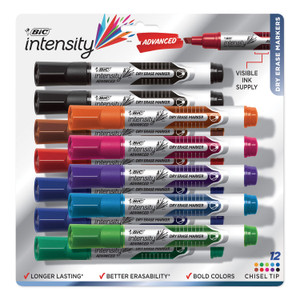 BIC Intensity Advanced Dry Erase Marker, Tank-Style, Broad Chisel Tip, Assorted Colors, Dozen Product Image 
