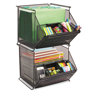 Safco Onyx Stackable Mesh Storage Bin, 4 Compartments, Steel Mesh, 14 x 15.5 x 11.75, Black Product Image 