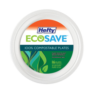 Hefty ECOSAVE Tableware, Plate, Sugarcane, 10.13" dia, White, 16/Pack Product Image 