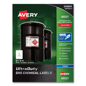Avery UltraDuty GHS Chemical Waterproof and UV Resistant Labels, 8.5 x 11, White, 50/Pack Product Image 
