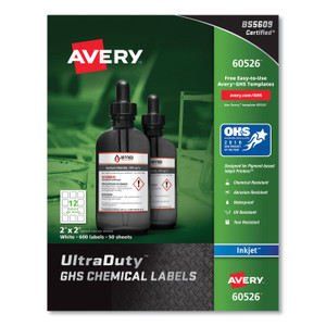 Avery UltraDuty GHS Chemical Waterproof and UV Resistant Labels, 2 x 2, White, 12/Sheet, 50 Sheets/Pack Product Image 