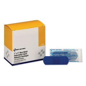 First Aid Only Adhesive Blue Metal Detectable Bandages, 1 x 3, Plastic with Foil, 100/Box, 12 Boxes/Carton Product Image 