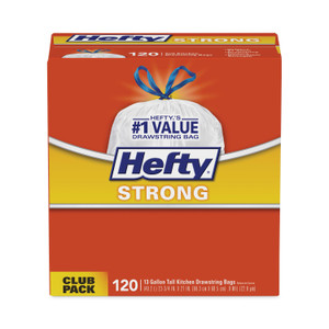 Hefty Strong Tall Kitchen Drawstring Bags, 13 gal, 23.75" x 27", White, 90 Bags/Box, 3 Boxes/Carton Product Image 