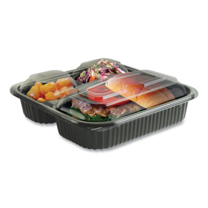 Anchor Packaging Culinary Squares 2-Piece/3-Compartment Microwavable Container, 21 oz/6 oz/6 oz, 8.46 x 8.46 x 2.5, Clear/Blk, Plastic, 150/CT Product Image 