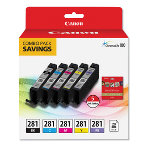Canon 2091C006 (CLI-281) ChromaLife100 Ink/Paper Combo, Black/Blue/Cyan/Magenta/Yellow Product Image 