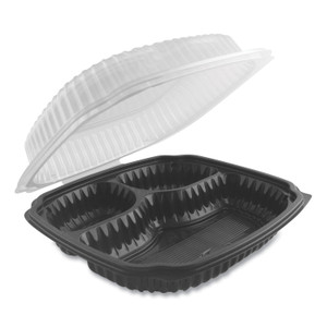 Anchor Packaging Culinary Lites Microwavable 3-Compartment Container, 20 oz/5 oz/5 oz, 9 x 9 x 3.13, Clear/Black, Plastic, 100/Carton Product Image 