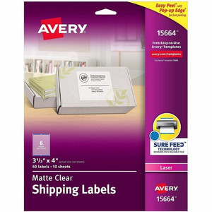 Avery Clear Shipping Labels, Sure Feed, 3-1/3" x 4" 300 Labels (15664) - 3 21/64" Width x 4" Length - Permanent Adhesive - Rectangle - Laser - Matte Product Image 