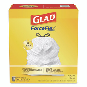 Glad CloroxPro ForceFlex Tall Kitchen Drawstring Trash Bags, 13gal, Unscented, 23.47" x 25.38", White, 120 Bag/Box, 3 Boxes/Carton Product Image 