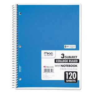 Mead Spiral Notebook, 3-Subject, Medium/College Rule, Randomly Assorted Cover Color, (120) 11 x 8 Sheets View Product Image