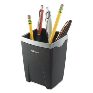 Fellowes Office Suites Divided Pencil Cup, Plastic, 3.13 x 3.13 x 4.25, Black/Silver View Product Image