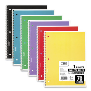 Mead Spiral Notebook, 1-Subject, Medium/College Rule, Assorted Cover Colors, (70) 10.5 x 8 Sheets, 6/Pack View Product Image