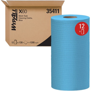 Wypall General Clean X60 Multi-Task Cleaning Cloths - 12.20" Length x 9.80" Width - Absorbent, Reinforced, Strong, Perforated, Durable, Reusable, Residue-free, Sturdy - Blue - 130/Roll Product Image 