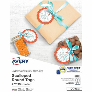 Avery Textured Round Scallop Tags - 2.50" Diameter - Round Scallop - Card Stock, Metal - White - 90/Pack Product Image 