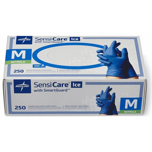 Medline SensiCare Ice Blue Nitrile Exam Gloves - 9.50" Glove Length - Medium Size - Dark Blue - Comfortable, Chemical Resistant, Latex-free, Textured Fingertip, Non-sterile, Durable - For Medical Product Image 