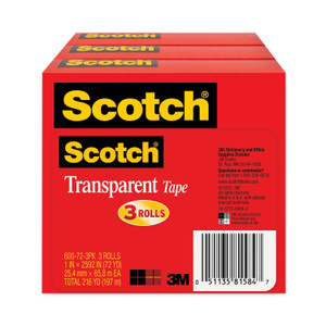 Scotch Transparent Tape, 3" Core, 1" x 72 yds, Transparent, 3/Pack (MMM600723PK) View Product Image