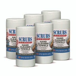 SCRUBS Hand Cleaner Towels, 1-Ply, 10 x 12, Citrus, Blue/White, 30/Canister, 6/Carton View Product Image
