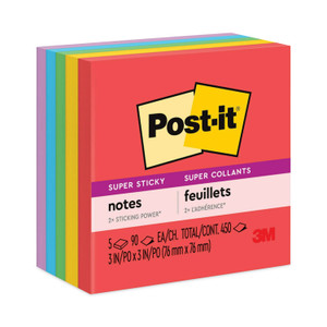 Post-it Notes Super Sticky Pads in Playful Primary Collection Colors, 3" x 3", 90 Sheets/Pad, 5 Pads/Pack (MMM6545SSAN) View Product Image