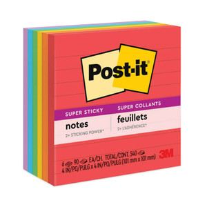 Post-it Notes Super Sticky Pads in Playful Primary Collection Colors, Note Ruled, 4" x 4", 90 Sheets/Pad, 6 Pads/Pack (MMM6756SSAN) View Product Image