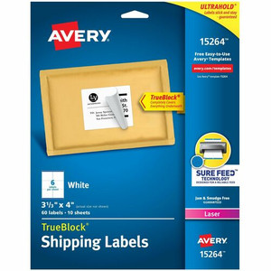 Avery Shipping Labels, Sure Feed, 3-1/3" x 4" , 60 White Labels (15264) - 3 21/64" Widthss x 4" Length - Permanent Adhesive - Rectangle - Inkjet, Laser - Matte - White - AVE15264 Product Image 