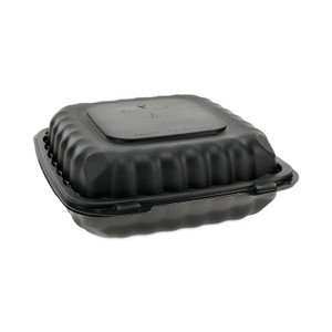 Pactiv Evergreen EarthChoice SmartLock Microwavable MFPP Hinged Lid Container, 3-Compartment, 9.33 x 8.88 x 3.1, Black, Plastic, 120/Carton (PCTYCNB09030000) View Product Image