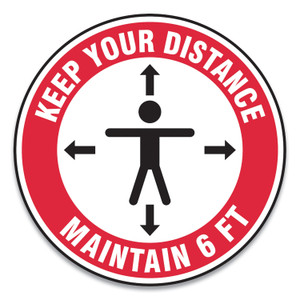 Accuform Slip-Gard Social Distance Floor Signs, 17" Circle, "Keep Your Distance Maintain 6 ft", Human/Arrows, Red/White, 25/Pack (GN1MFS347ESP) View Product Image