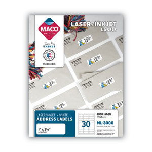 MACO White Laser/Inkjet Shipping Address Labels, Inkjet/Laser Printers, 1 x 2.63, White, 30 Labels/Sheet, 100 Sheets/Box (MACML3000) View Product Image