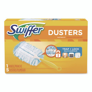 Swiffer Dusters Starter Kit, Dust Lock Fiber, 6" Handle, Blue/Yellow View Product Image