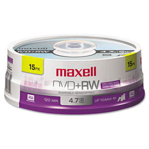 Maxell DVD+RW Rewritable Disc, 4.7 GB, 4x, Spindle, Silver, 15/Pack (MAX634046) View Product Image