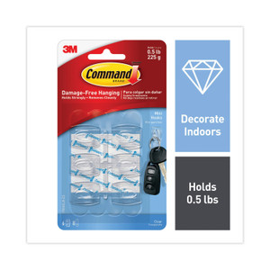 Command Clear Hooks and Strips, Mini, Plastic, 0.5 lb Capacity, 6 Hooks and 8 Strips/Pack (MMM17006CLRES) View Product Image