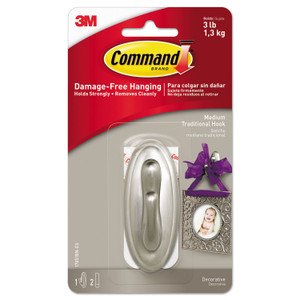 Command Decorative Hooks, Traditional, Medium, Plastic, Brushed Nickel, 3 lb Capacity, 1 Hook and 2 Strips/Pack (MMM17051BNES) View Product Image