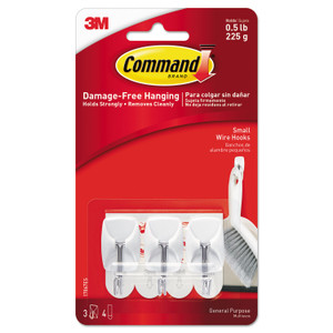 Command General Purpose Wire Hooks, Small, Metal, White, 0.5 lb Capacity, 3 Hooks and 4 Strips/Pack (MMM17067ES) View Product Image