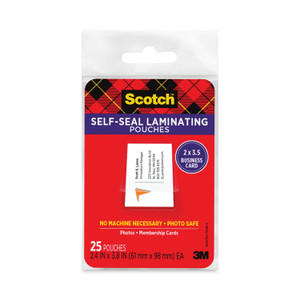 Scotch Self-Sealing Laminating Pouches, 9.5 mil, 3.88" x 2.44", Gloss Clear, 25/Pack (MMMLS851G) View Product Image