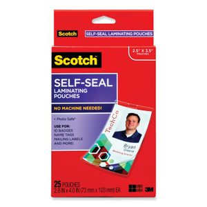 Scotch Self-Sealing Laminating Pouches, 12.5 mil, 2.31" x 4.06", Gloss Clear, 25/Pack View Product Image