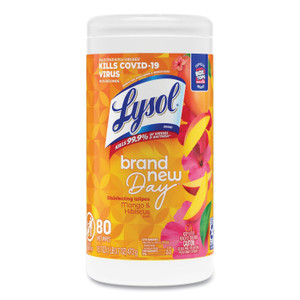 LYSOL Brand Disinfecting Wipes, 1-Ply, 7 x 7.25, Mango and Hibiscus, White, 80 Wipes/Canister View Product Image