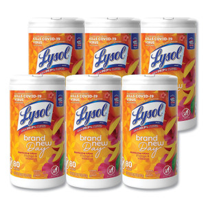 LYSOL Brand Disinfecting Wipes, 1-Ply, 7 x 7.25, Mango and Hibiscus, White, 80 Wipes/Canister, 6 Canisters/Carton (RAC97181) View Product Image