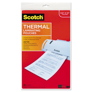 Scotch Laminating Pouches, 3 mil, 8.5" x 14", Gloss Clear, 20/Pack (MMMTP385520) View Product Image